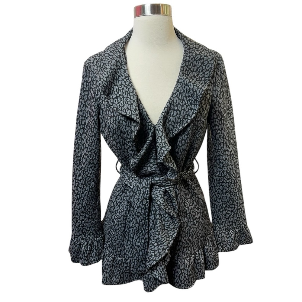 Sandro Studio Grey & Black Leopard Print Day Coat With Ruffle Trim & Belt Size 2
